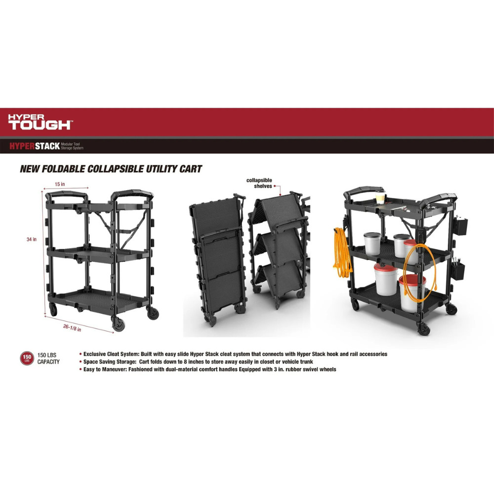 Hyper Tough Hyper Stack Foldable Collapsible Utility Cart Rolling Dolly, Black