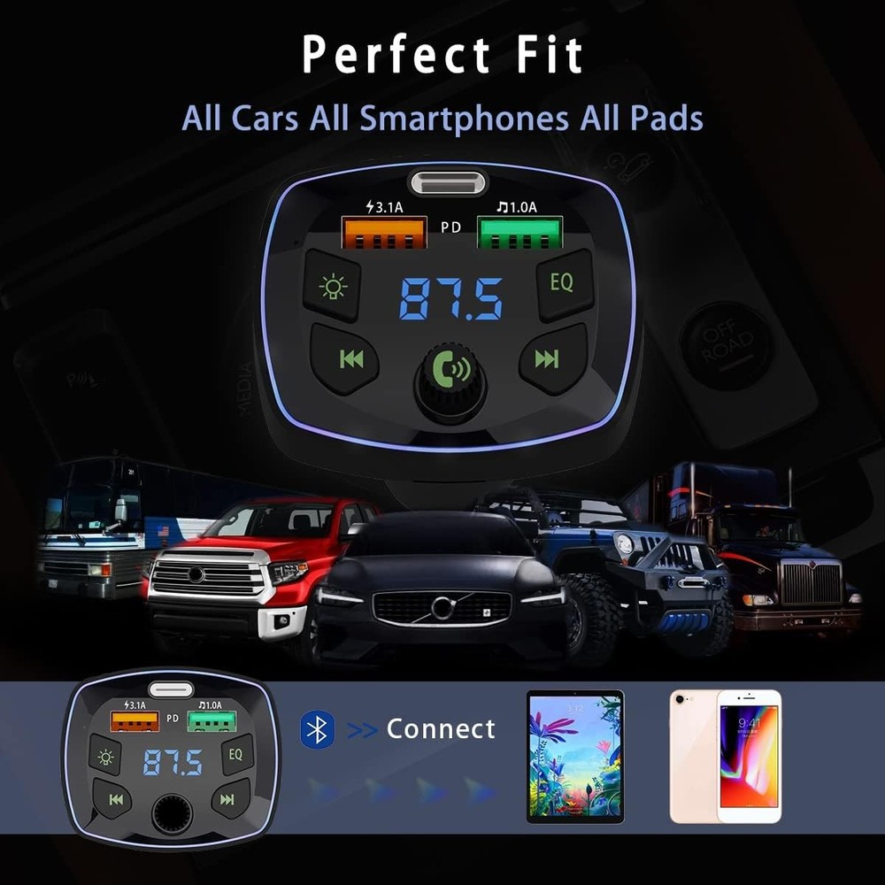 Wireless Bluetooth 5.0 Car Hands-Free FM Transmitter Adapter Dual USB PD Charger