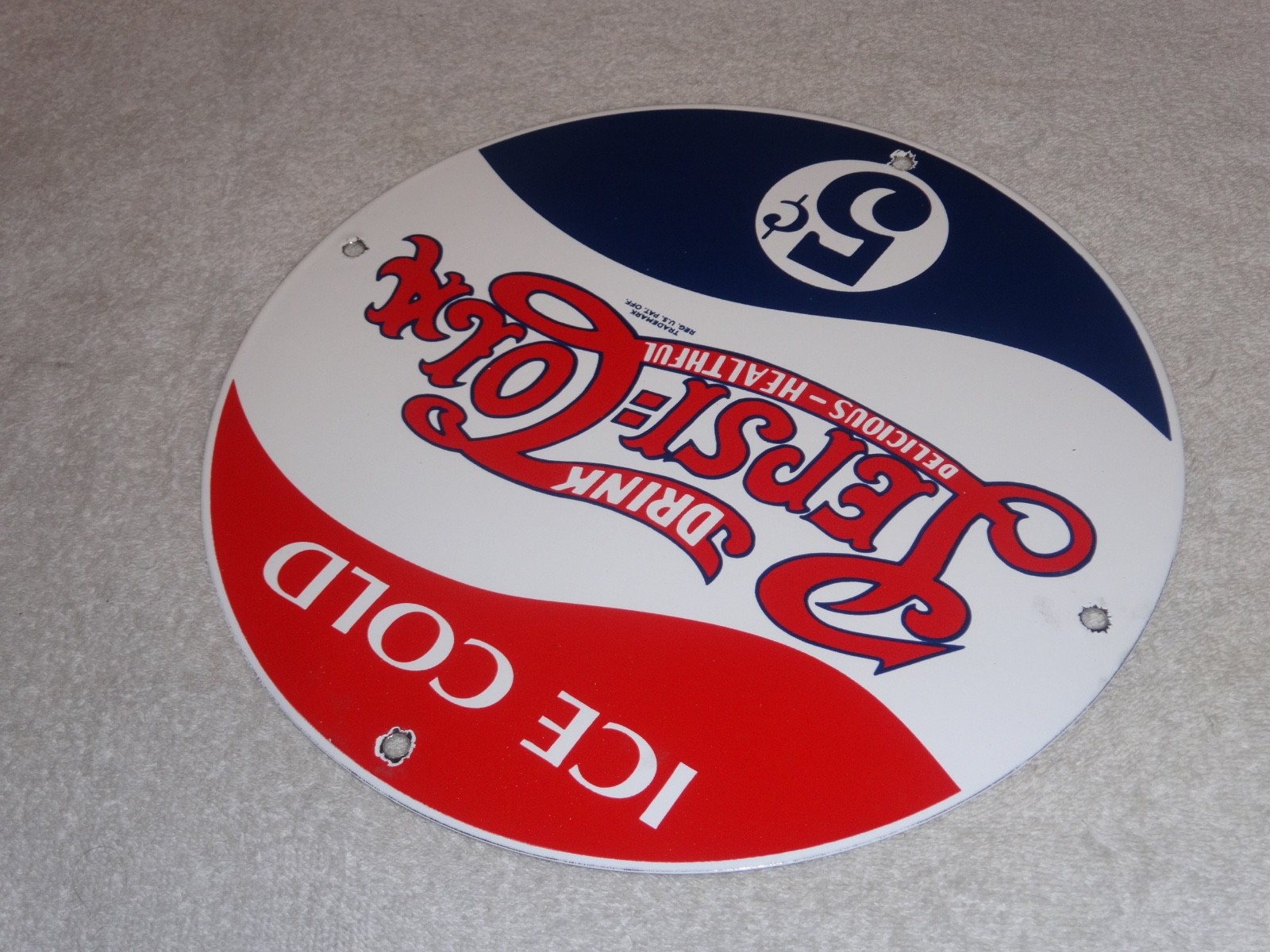 VINTAGE DRINK PEPSI COLA 5 CENTS! 11 3/4" PORCELAIN METAL SODA GASOLINE OIL SIGN