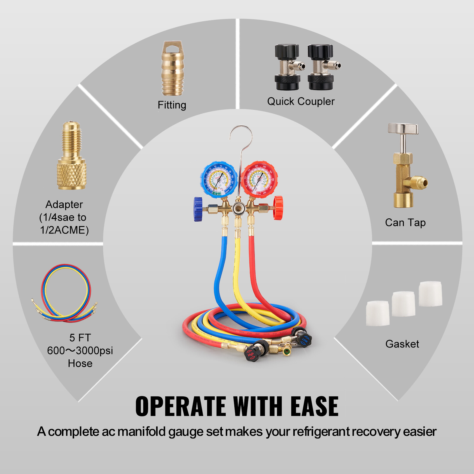 VEVOR AC Manifold Gauge Set 3-Way Fit R134A R12 R502 Refrigeration Charging