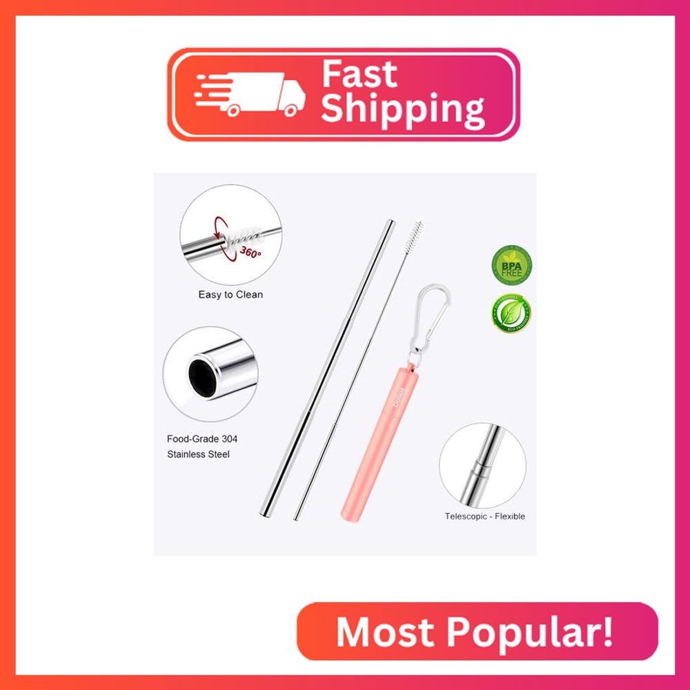 2 Pack Reusable Metal Straws Collapsible Stainless Steel Drinking Straw Travel P