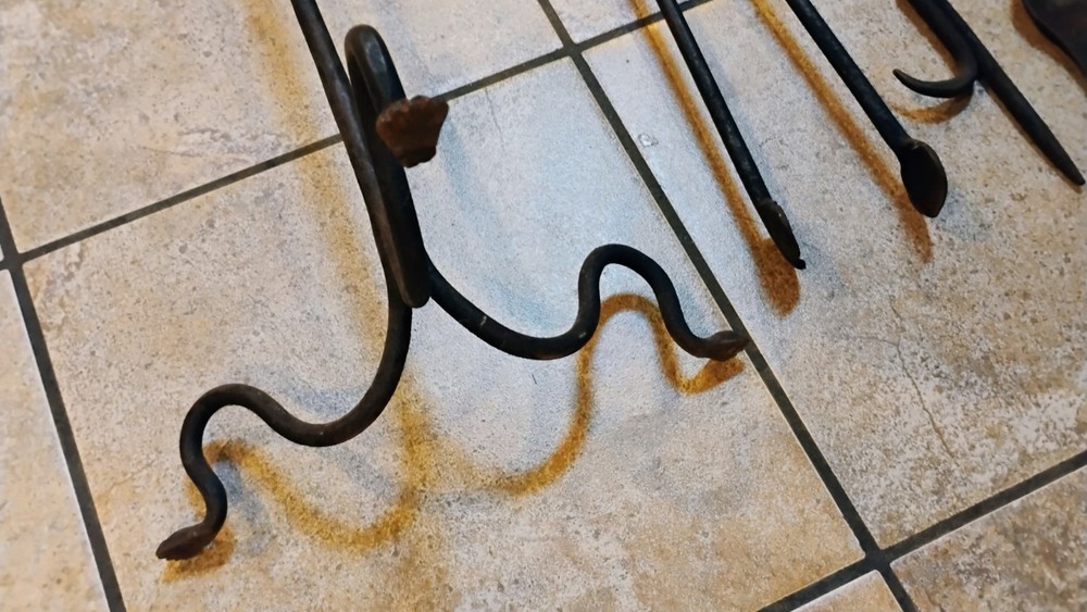 Antique Primitive Wrought Iron Fireplace Tool Set