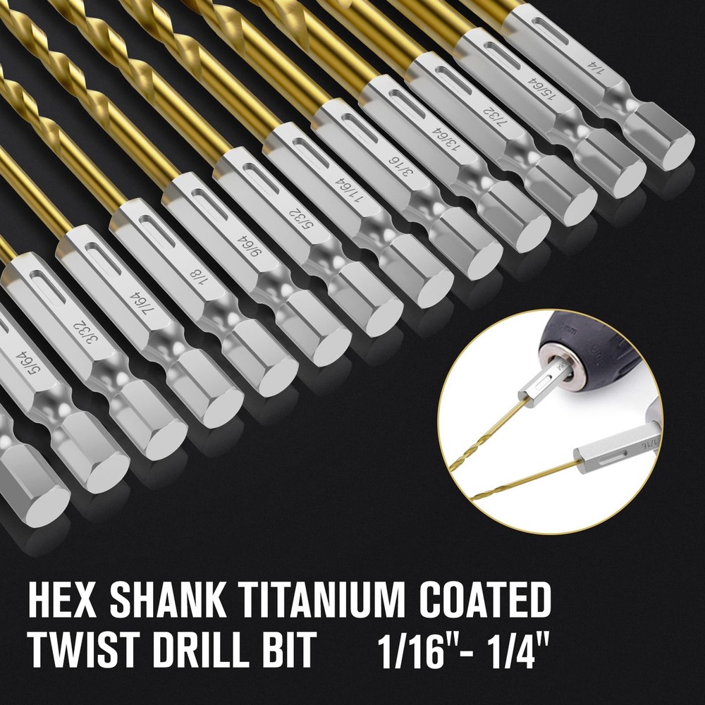 Hex Shank Drill Bit Set, 19Pcs Titanium Twist for Sheet Metal,...