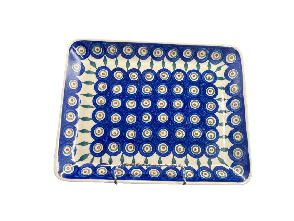 Polish Pottery Peacock Blue Green Pattern Large Rectangular Baker