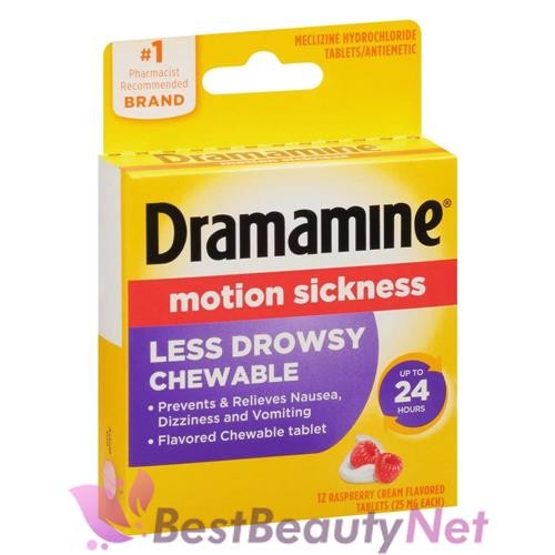 Dramamine Motion Sickness Relief Less Drowsy Chewable Raspberry Cream 12 Tablet