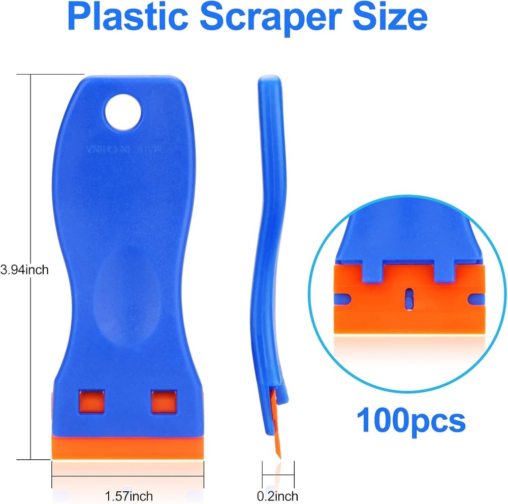 4 Pcs Plastic Razor Blade Scraper and 100 Pcs Blades, Remove Label Decal Tool，