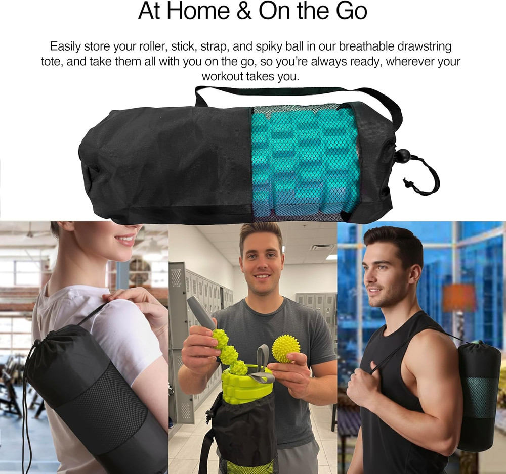 Foam Roller Set With: Hollow Core Roller, Muscle Roller Stick, Stretching Strap,