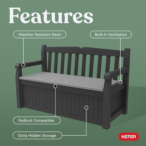 Solana 70 Gallon Storage Bench Deck Box for Patio Storage, Front Graphite
