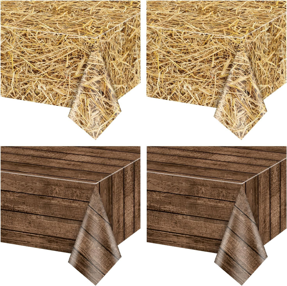2Pcs Straw Tablecloths and 2Pcs Wood Tablecloths Rectangular Straw Wood Grain Ta