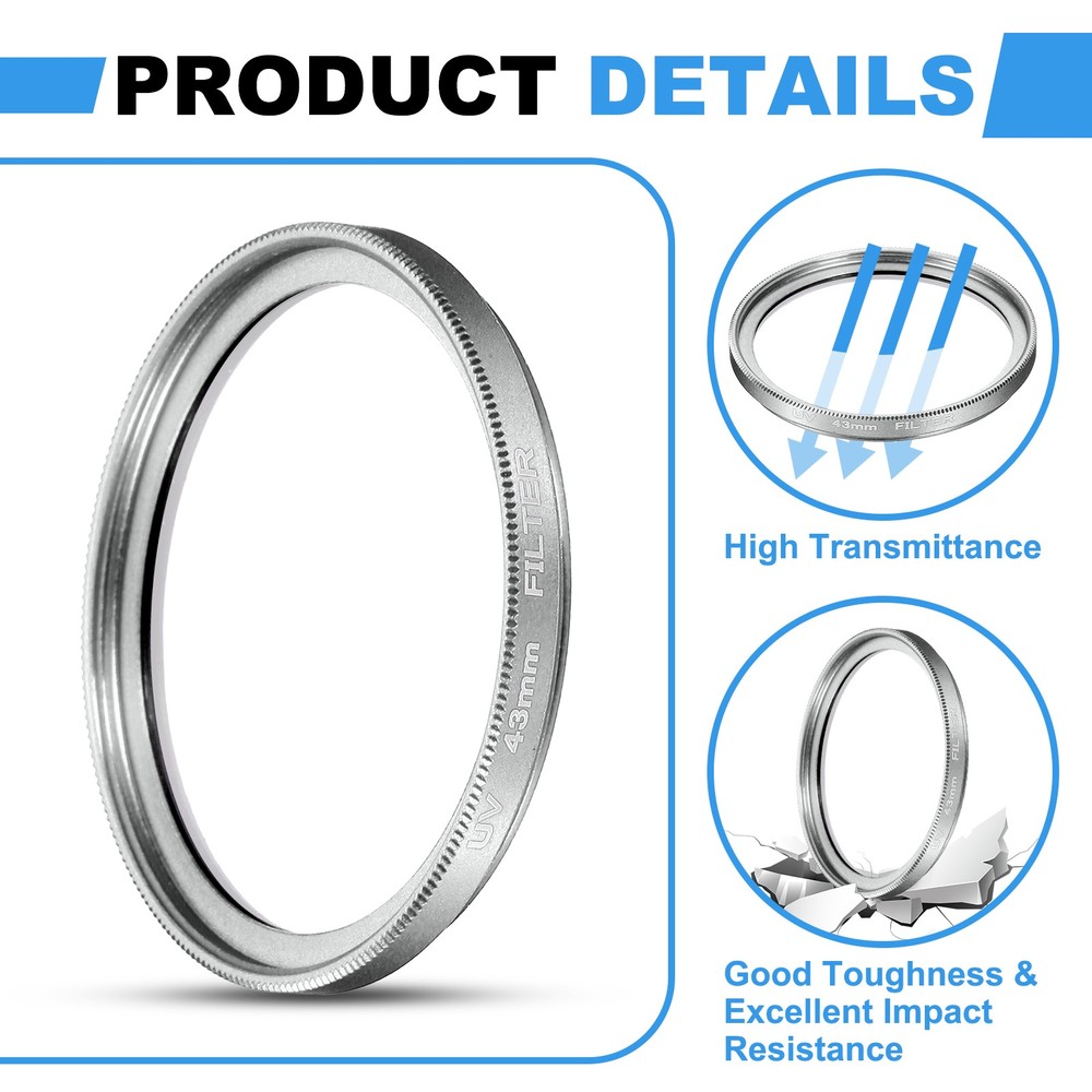 2Pcs 43mm Ultra Slim Lens Filter Multi Coating Camera Len Filter, Silver