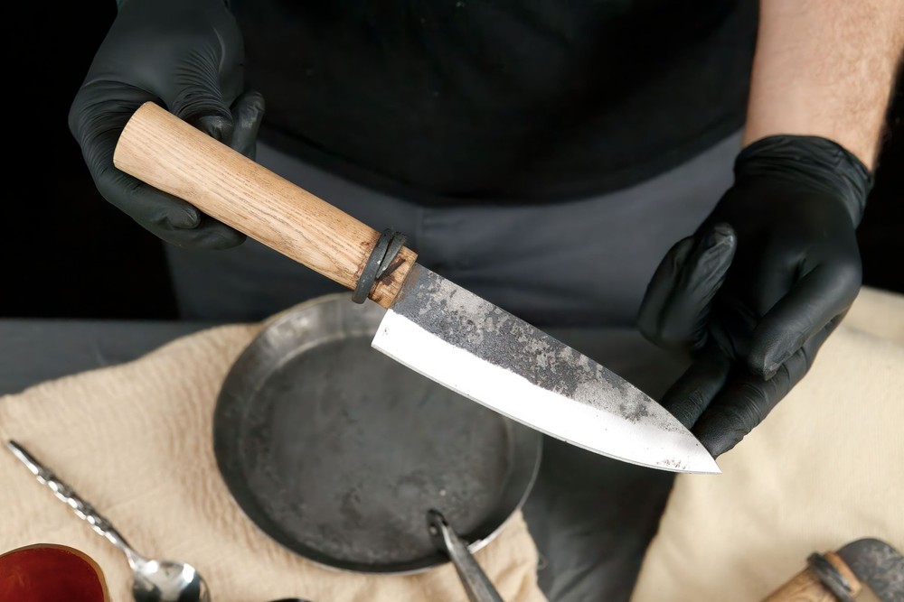 7pc Forged Medieval Chef Knife Set - Folding Pan, Bone Cup & Camp Cooking Tools
