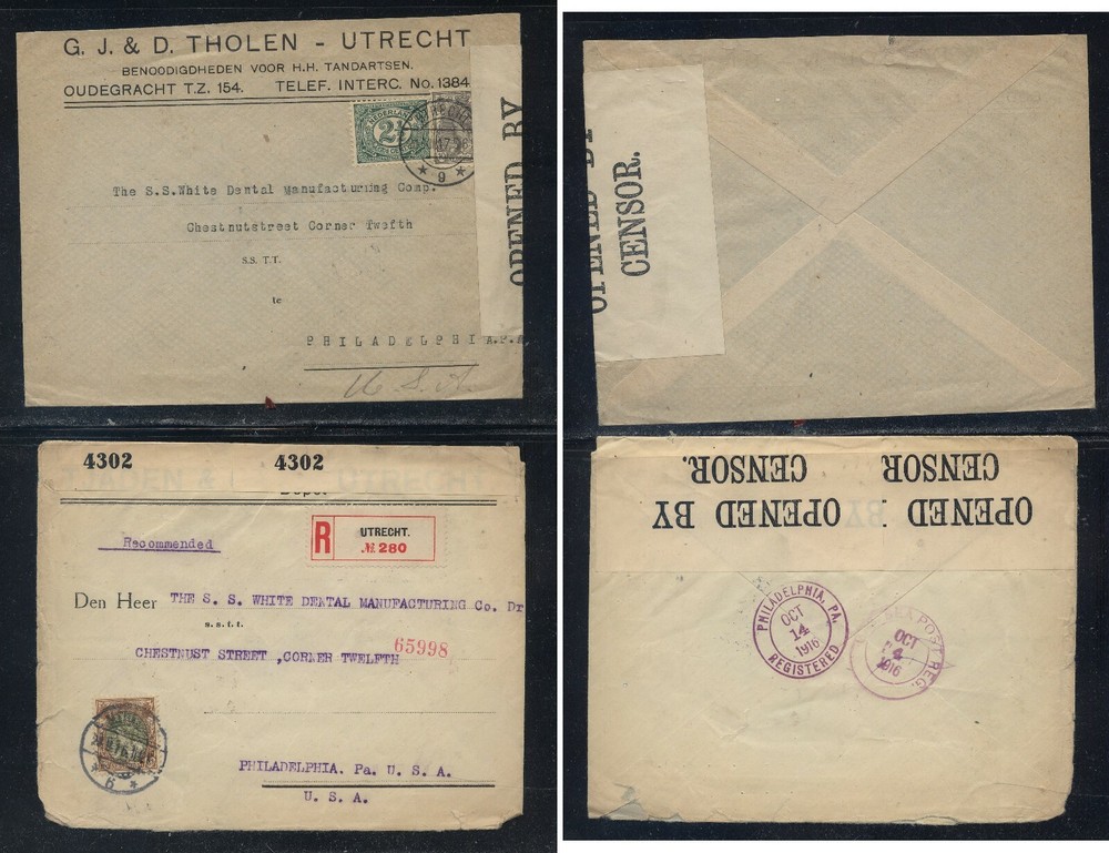 Netherlands   2 large  censor covers to US   WW1