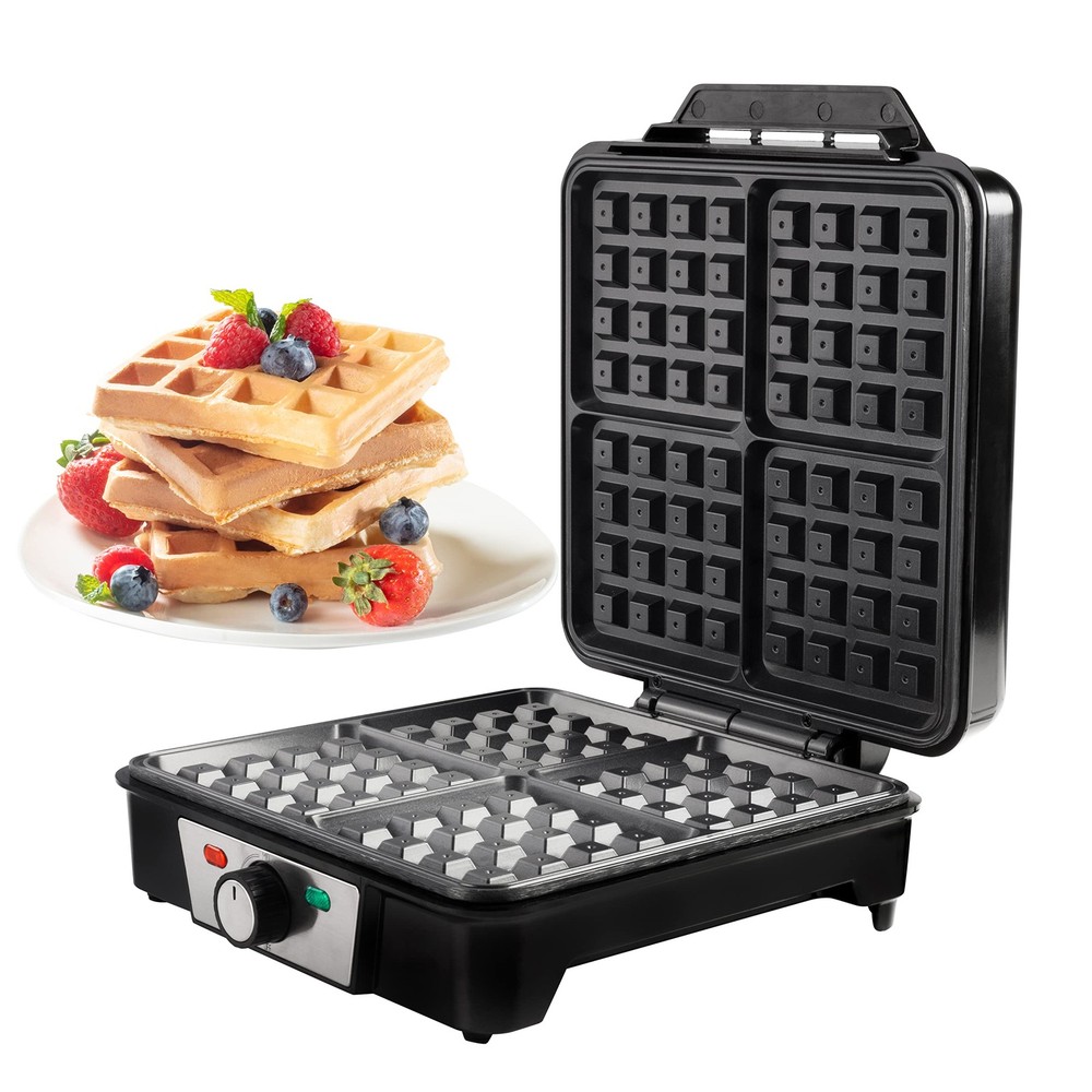 CucinaPro Four Square Belgian Waffle Maker, Extra Large X-Large, Black Silver
