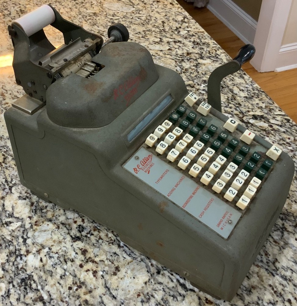 Vintage RC Allen Business Adding Machine Model Adding Machine with Hand Crank