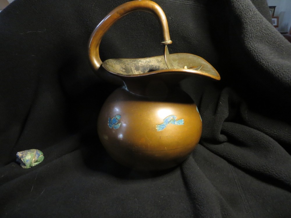 Los Castillo Copper Pitcher With Malachite Frog Decorative Inlay