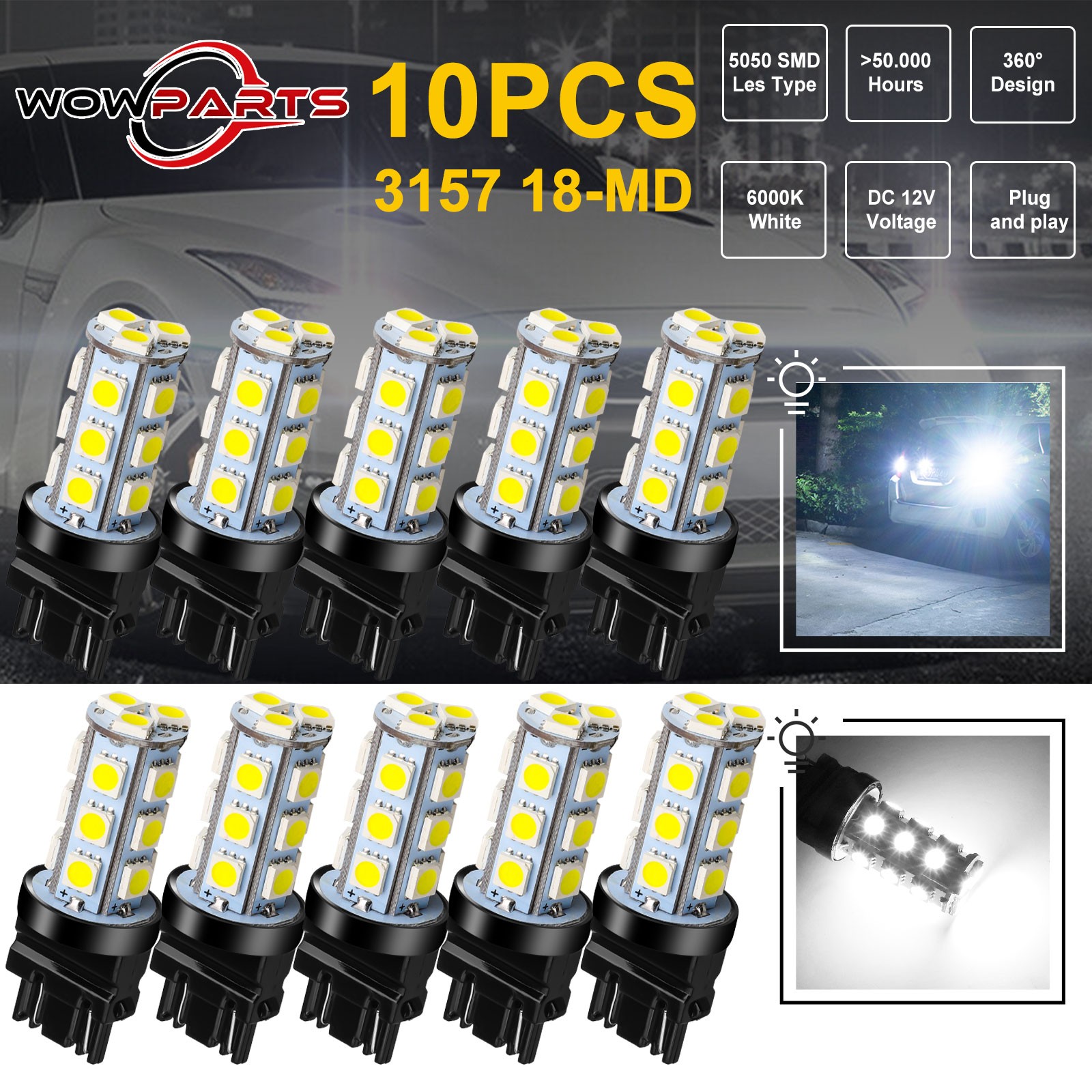 10PCS 3157 3156 18-SMD Reverse Brake Stop Turn Signal Tail LED Light Bulbs White