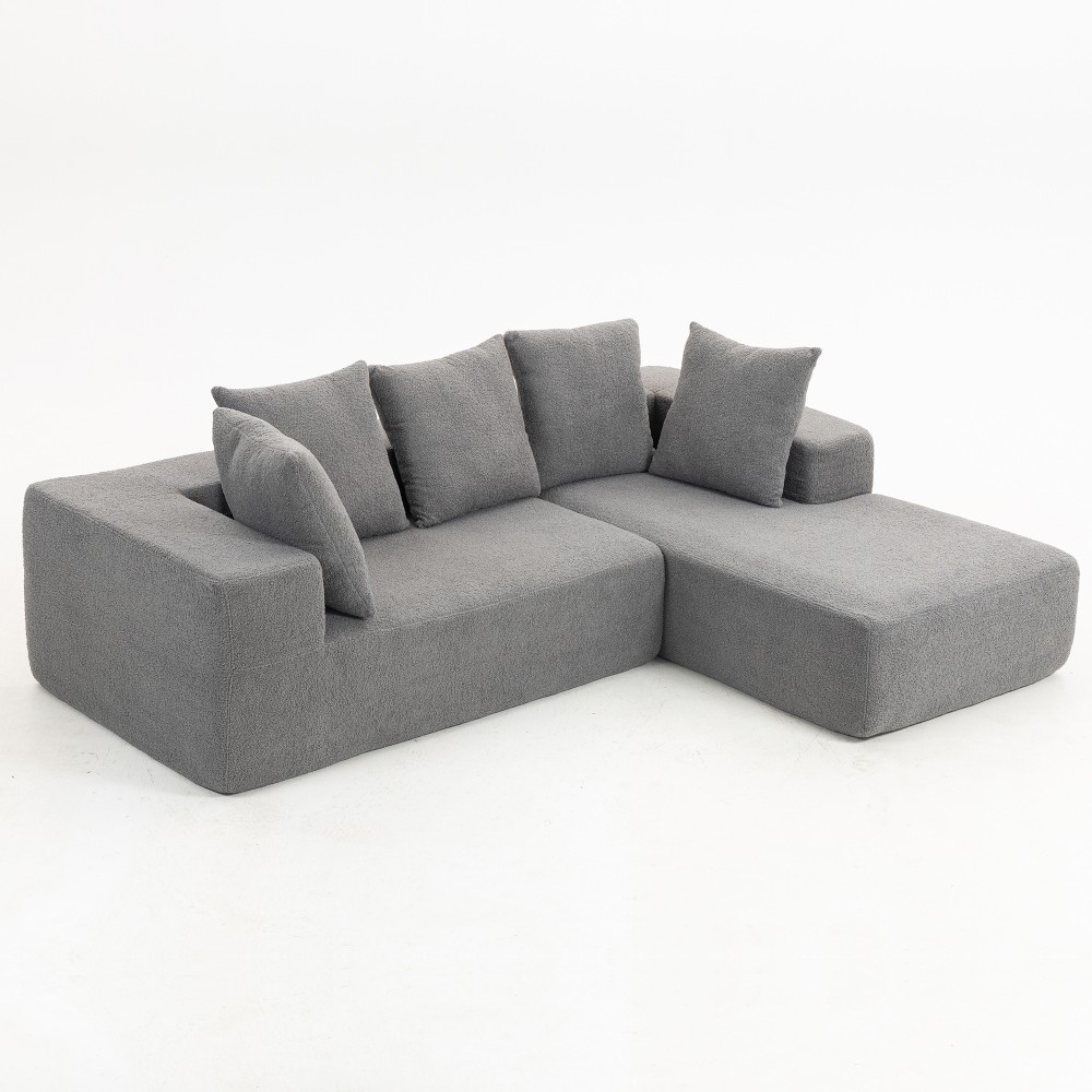Modular L-Shaped Sectional Sofa w/ 5 Pillows - Soft Grey-Blue Upholstery