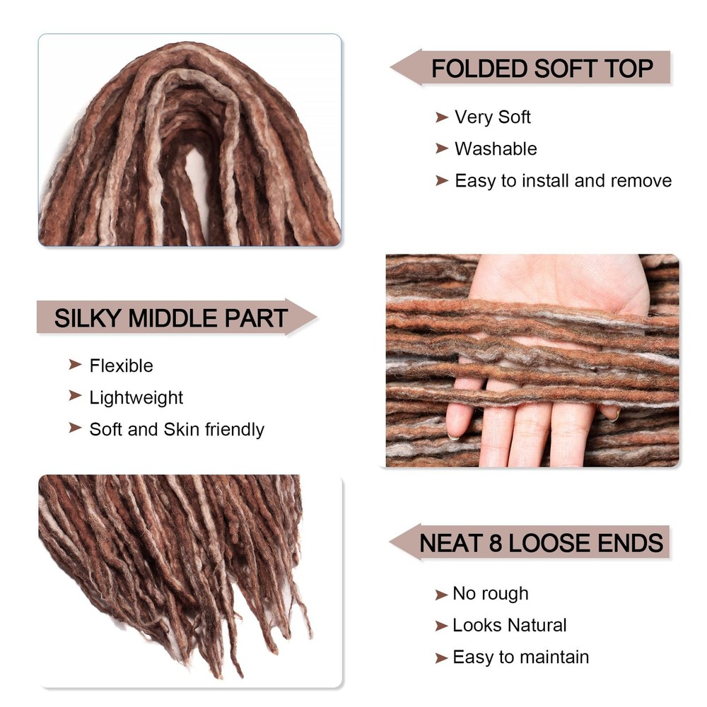 22 Inch Wool Double Ended Dreadlock Extensions,15 22 Inch, Mixed Brown