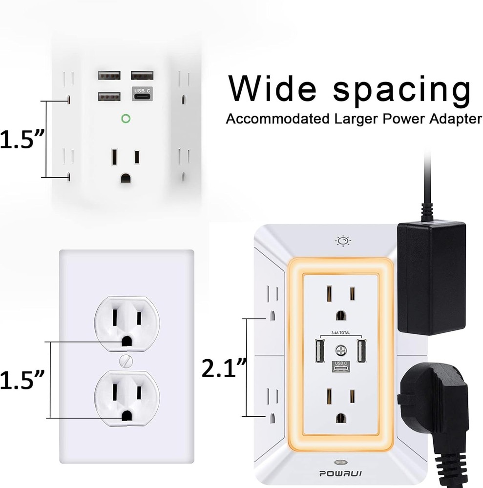 Multi Plug Outlet Surge Protector - POWRUI 6 Extender with 3 USB White
