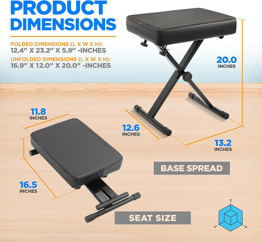 Adjustable Padded Keyboard Bench – Folding X-Style Keyboard Bench W/ 3-Position