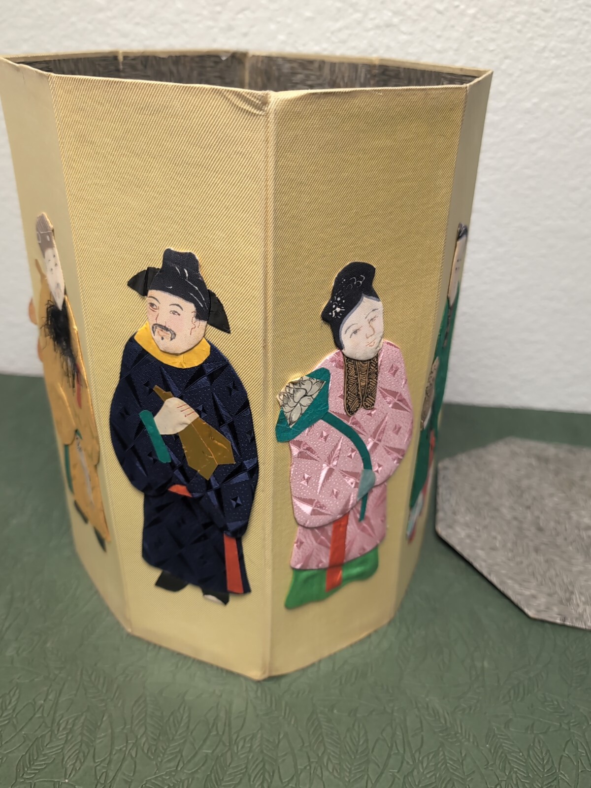 1940's-50's Silk & Paper Asian Chinese Folding Waste Paper Basket Damages