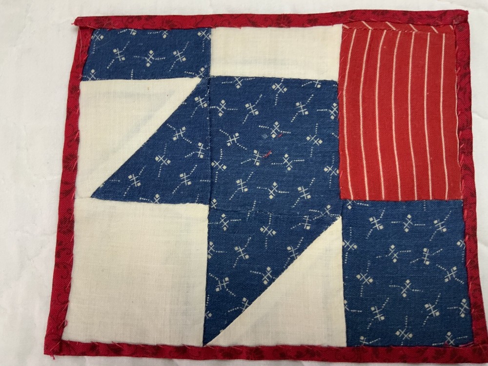 Antique Vintage Patchwork Quilt Table Topper, Small, Triangles, Squares, Navy