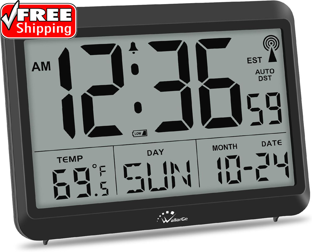 Atomic Digital Wall Clock Battery Operated, Self-Setting, Large Display with Tem