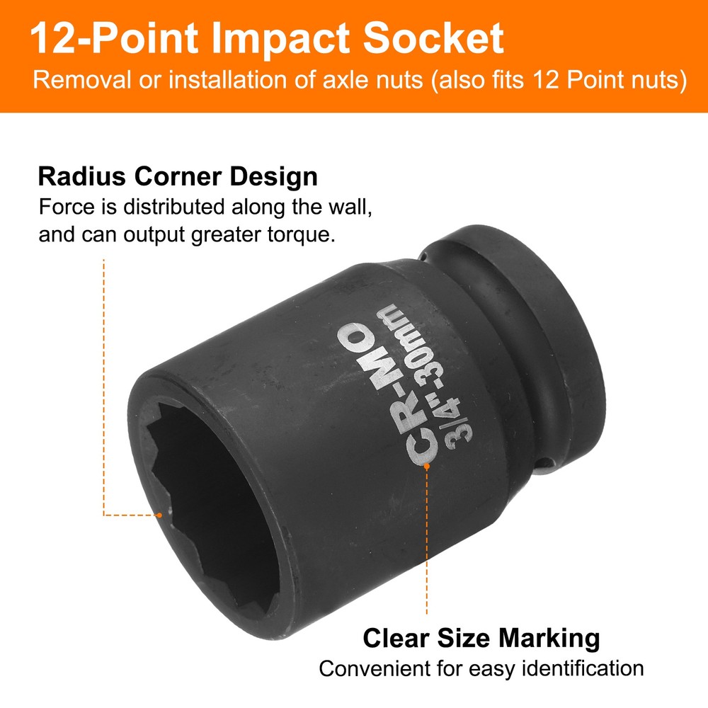 3/4-Inch Drive 12 Point Impact Socket 30mm Spindle Axle Nut Socket Driver