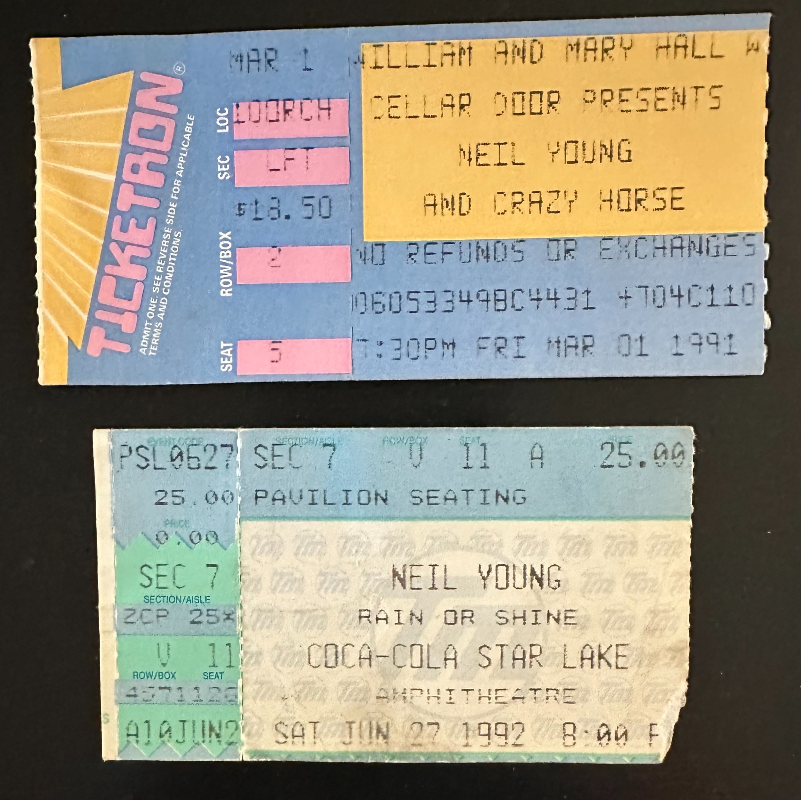 Neil Young Crazy Horse Ticket Stub Lot 1991 William Mary Hall 1992 Star Lake