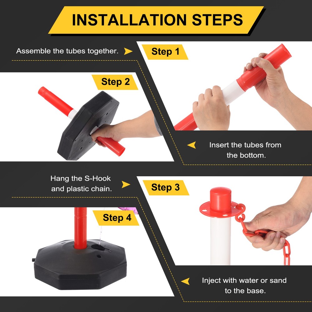 2Pcs Traffic Delineator Post Fillable Base 5ft Plastic Chain Red/White