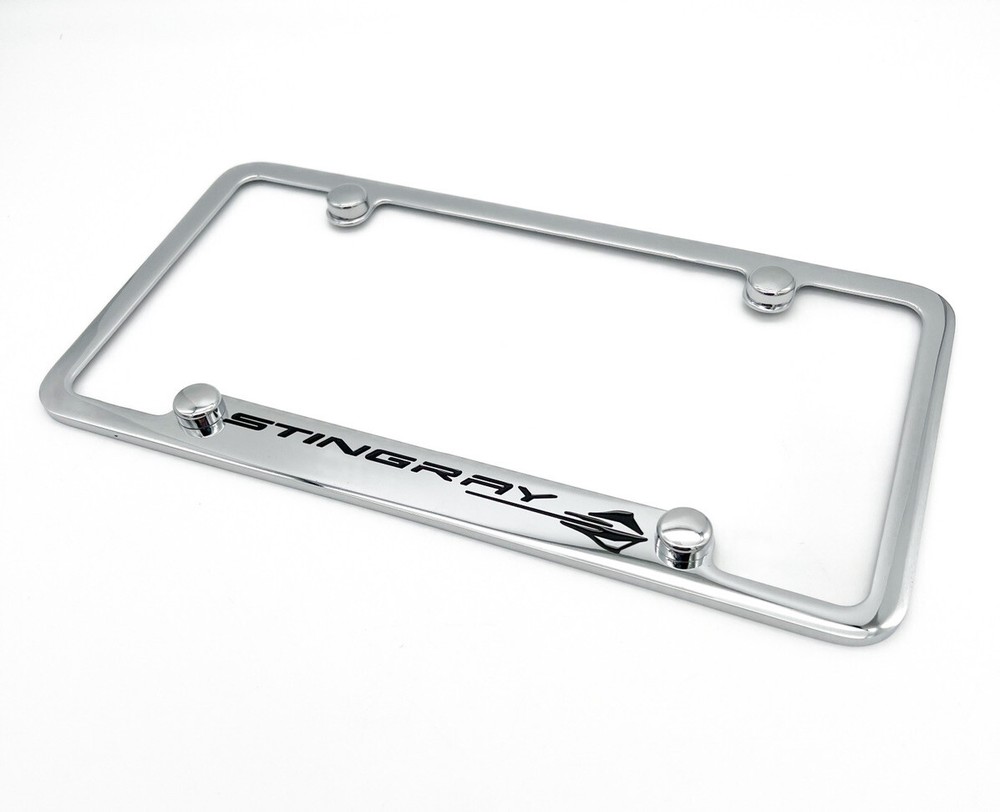 Notched Chrome License Plate Frame w/ Black Chevy C8 Corvette Stingray Logo