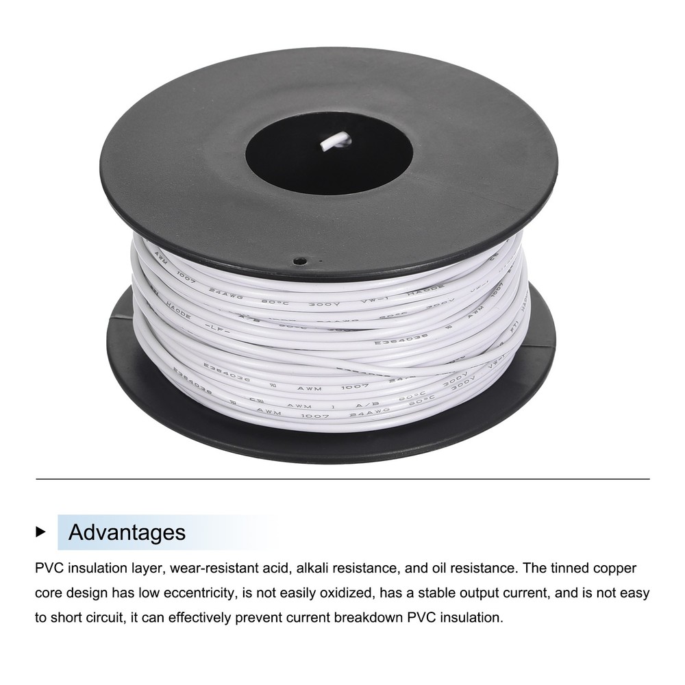 24AWG Stranded Wire PVC Hookup 30M/100ft White, Electrical Wire UL1007 Spool