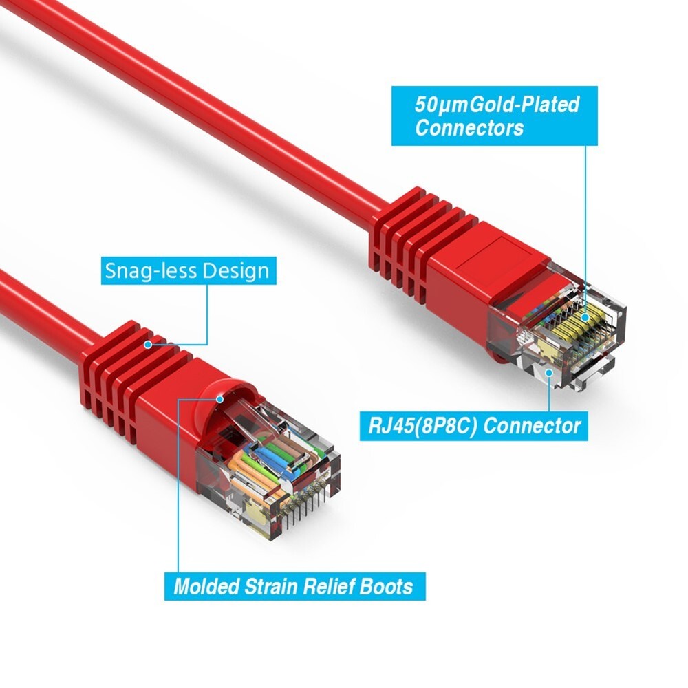 8FT Cat5e Network LAN Ethernet Booted Patch Cable UTP Copper Wire 24AWG Red
