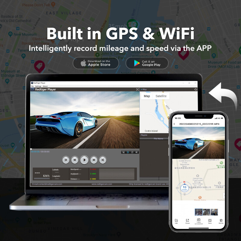 REDTIGER Dash Camera 4K Front and Rear Dash Cam Built-In WiFi & GPS, App control