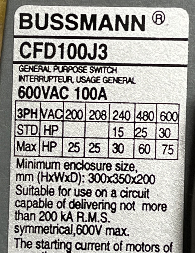 Bussmann CFD100J3 600VAC-100A Disconnect Switch, 3PH, 3 pole