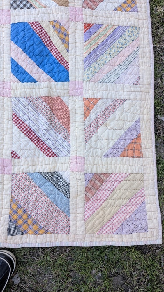 Antique 1920 Patchwork Quilt 64"X78 String Pieced Blocks
