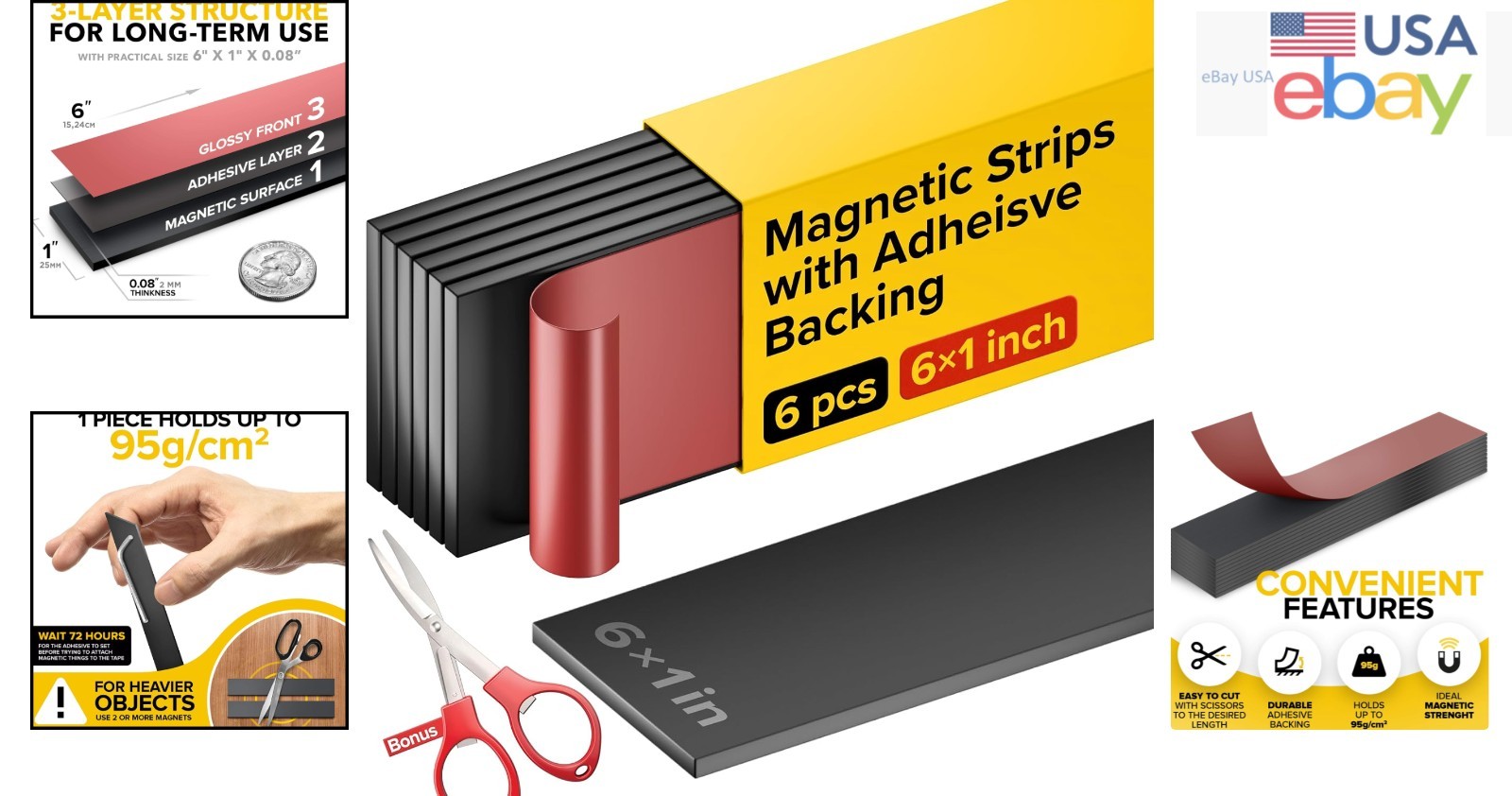 Durable Adhesive Magnetic Tool Holder Strips - 6 Black Magnetic Tape for Crafts