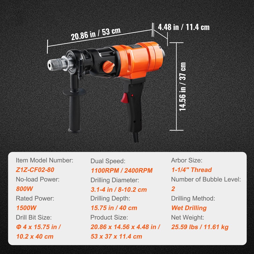 Diamond Core Drilling Machine, 4in Handheld Wet Concrete Core Drill Rig