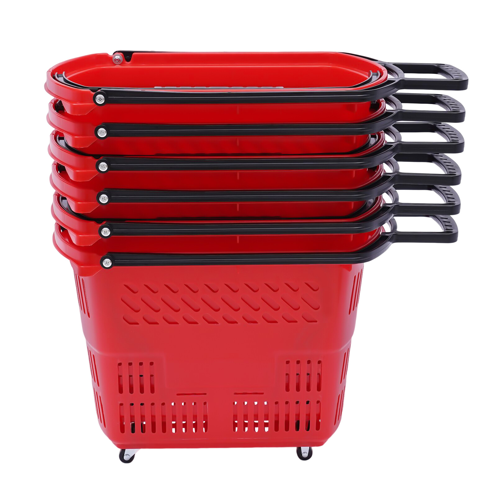 6Pcs Red Rolling Shopping Basket Plastic Rolling Shopping Carts with Handle 35L