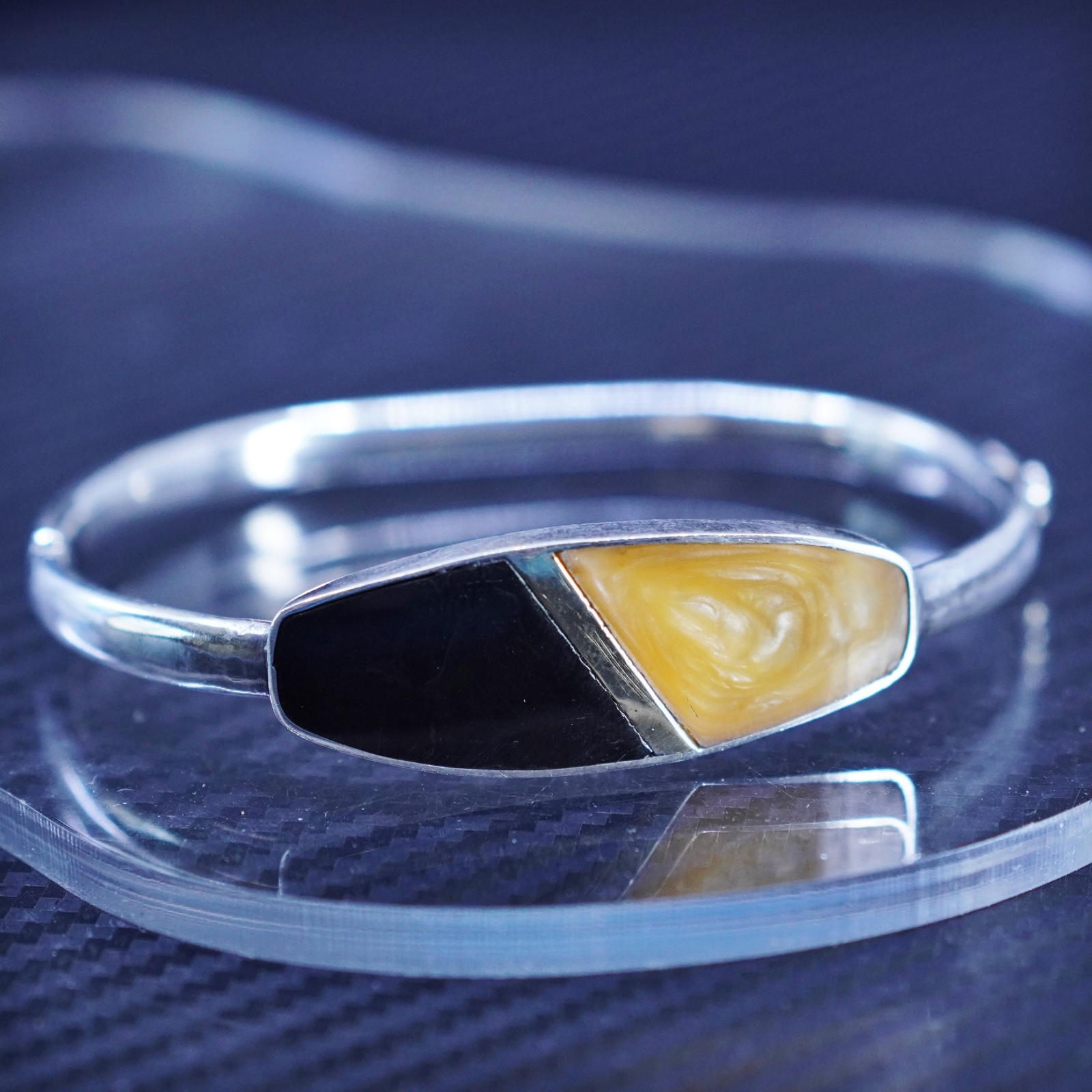 6.5”, Mexican sterling silver 925 hinged bangle, bracelet black enamel resin