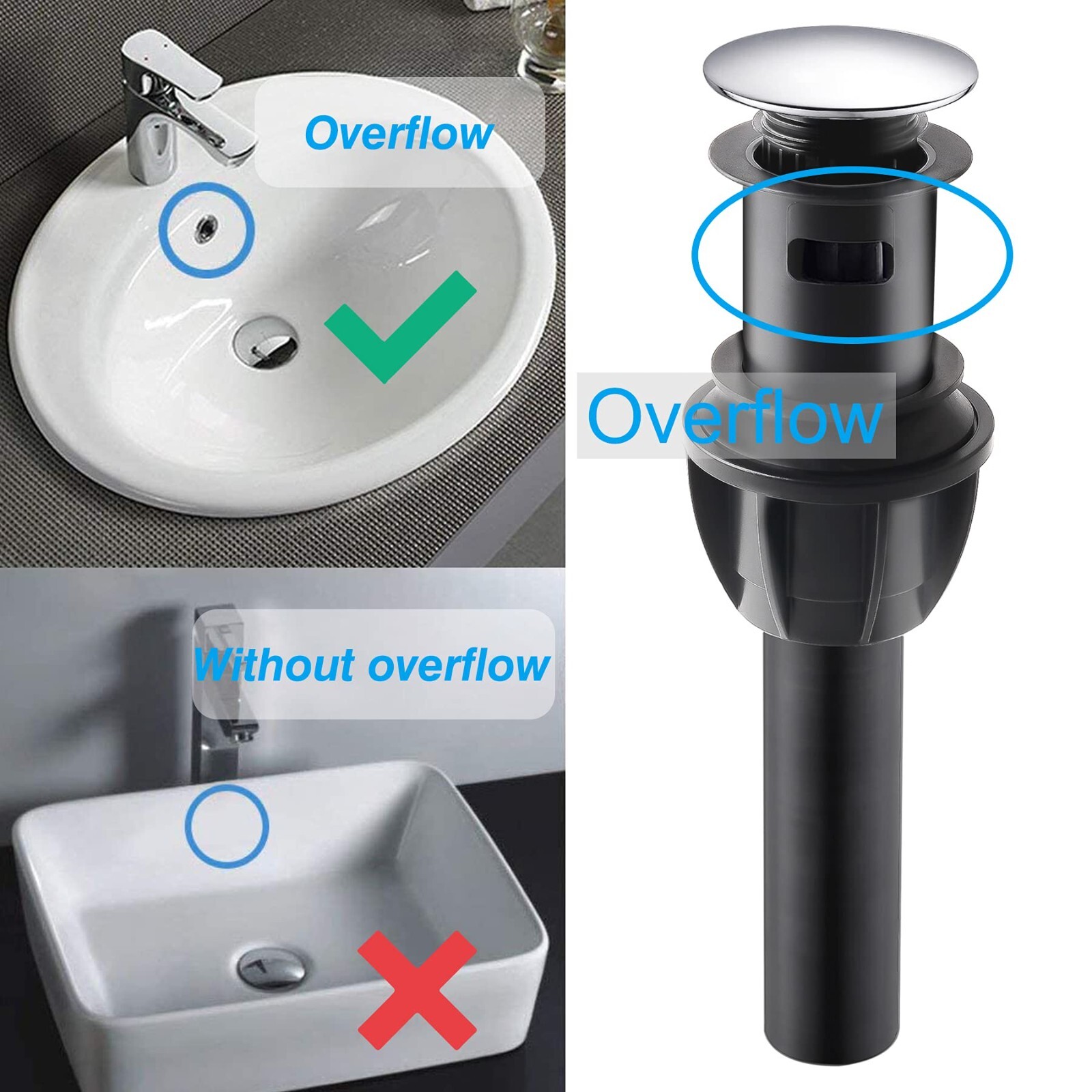 2Pack Push and Seal Pop-up Drain Stopper with Overflow Assembly Sink Drain Cover