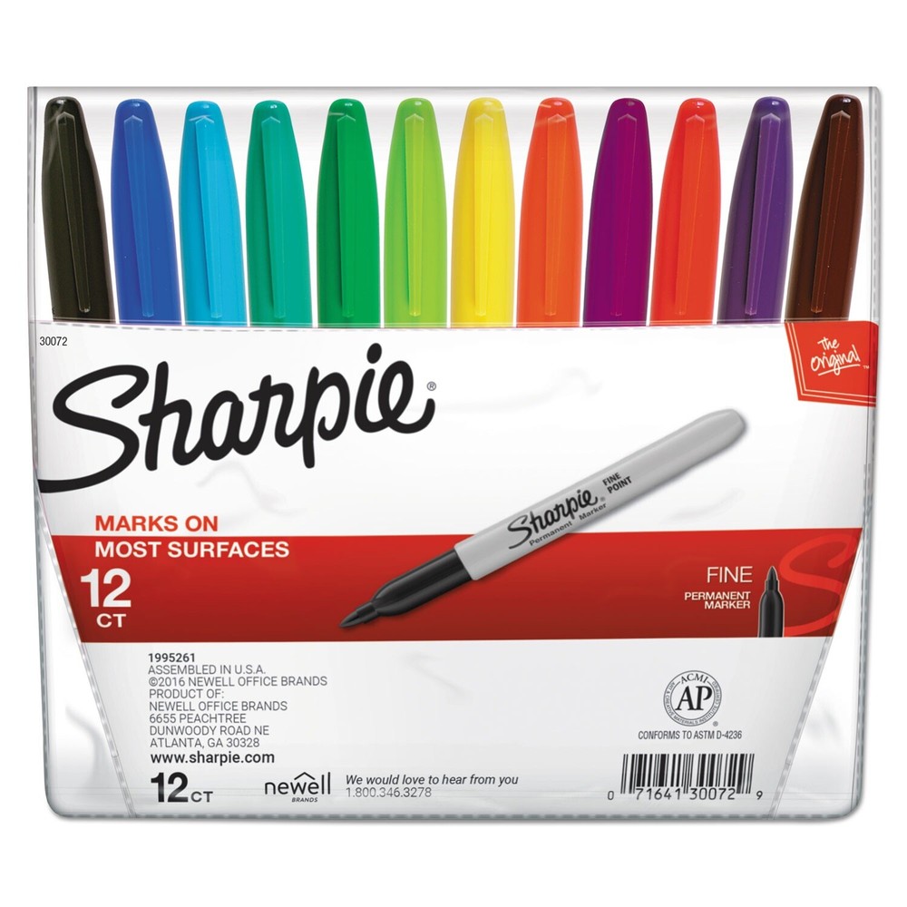 Sharpie 30072 Permanent Markers, Fine Point, Assorted, 12/Set
