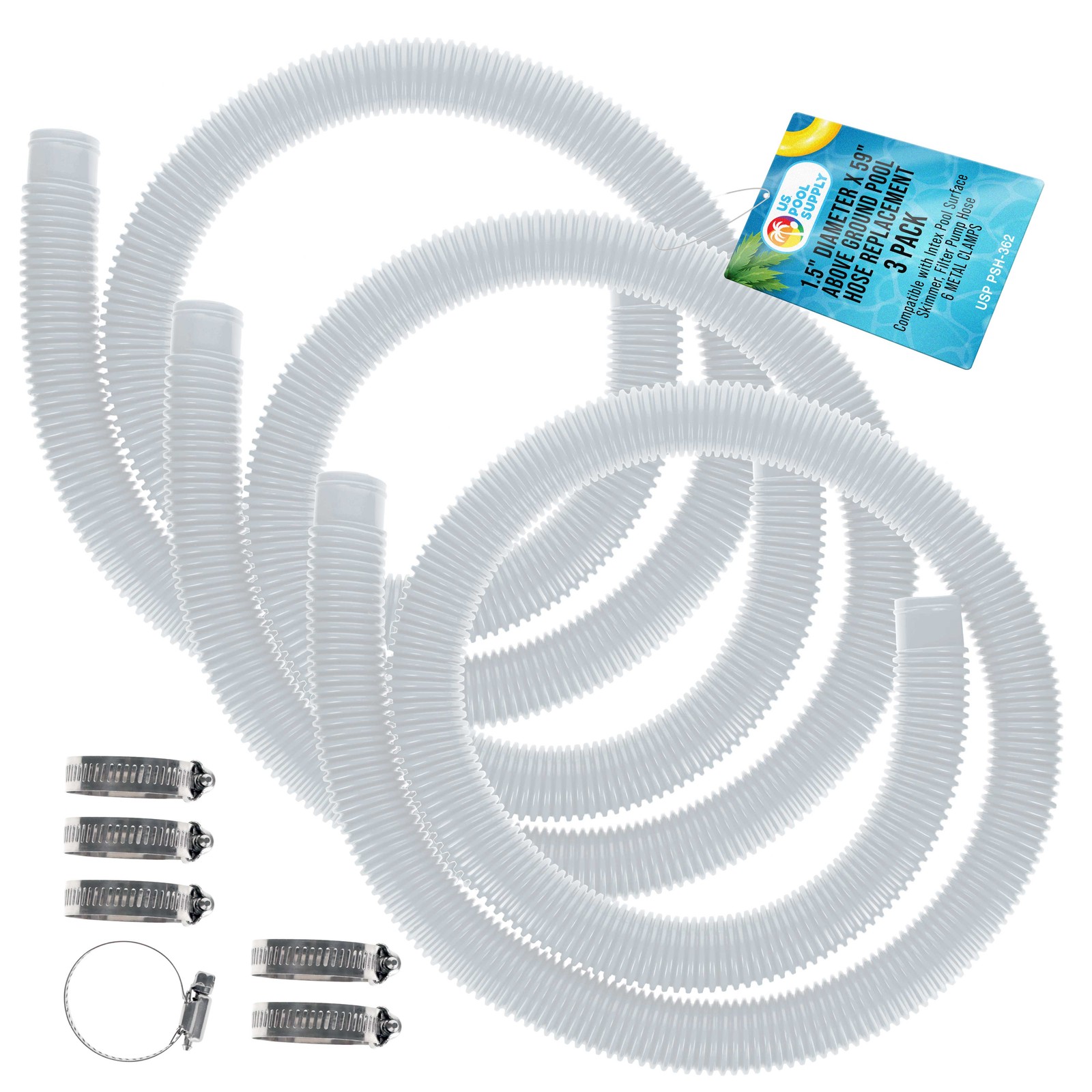 3 Pack of White Above Ground Pool Hose Replacement 1.5" Diameter x 59" Long