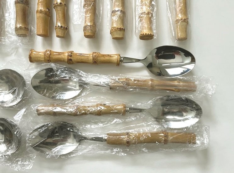 23 ASSORTED PCS. *KOALA LOVE* BAMBOO HANDLE STAINLESS FLATWARE-UNUSED OPEN BOX
