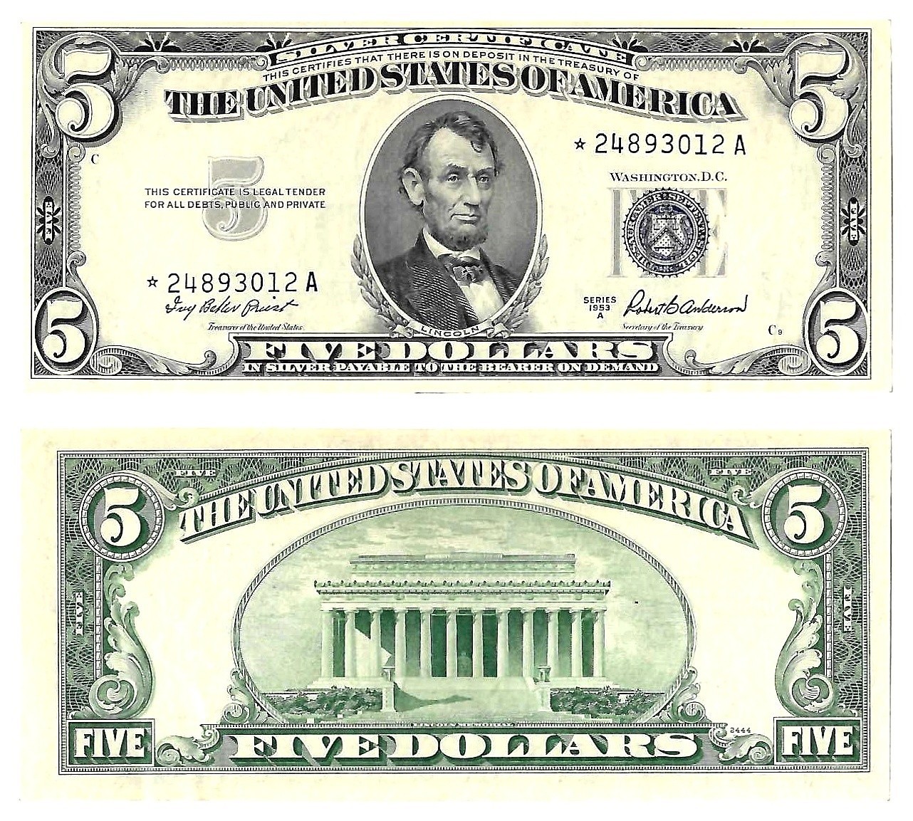 1953-A $5 Silver Certificate Star Note Fr. 1656* AU #3012