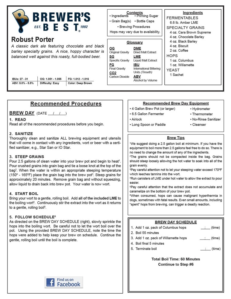Robust Porter Homebrew Beer Ingredient Kit - Dark Ale