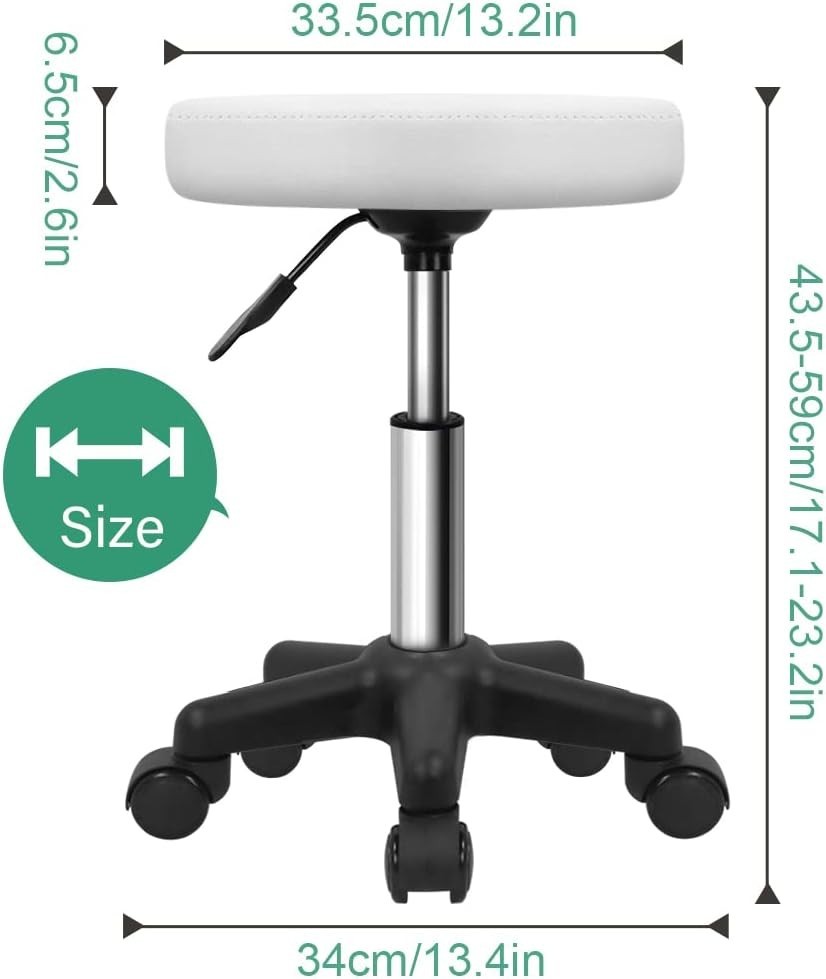 Versatile White Rolling Stool: Compact & Adjustable for Spa and Kitchen Use