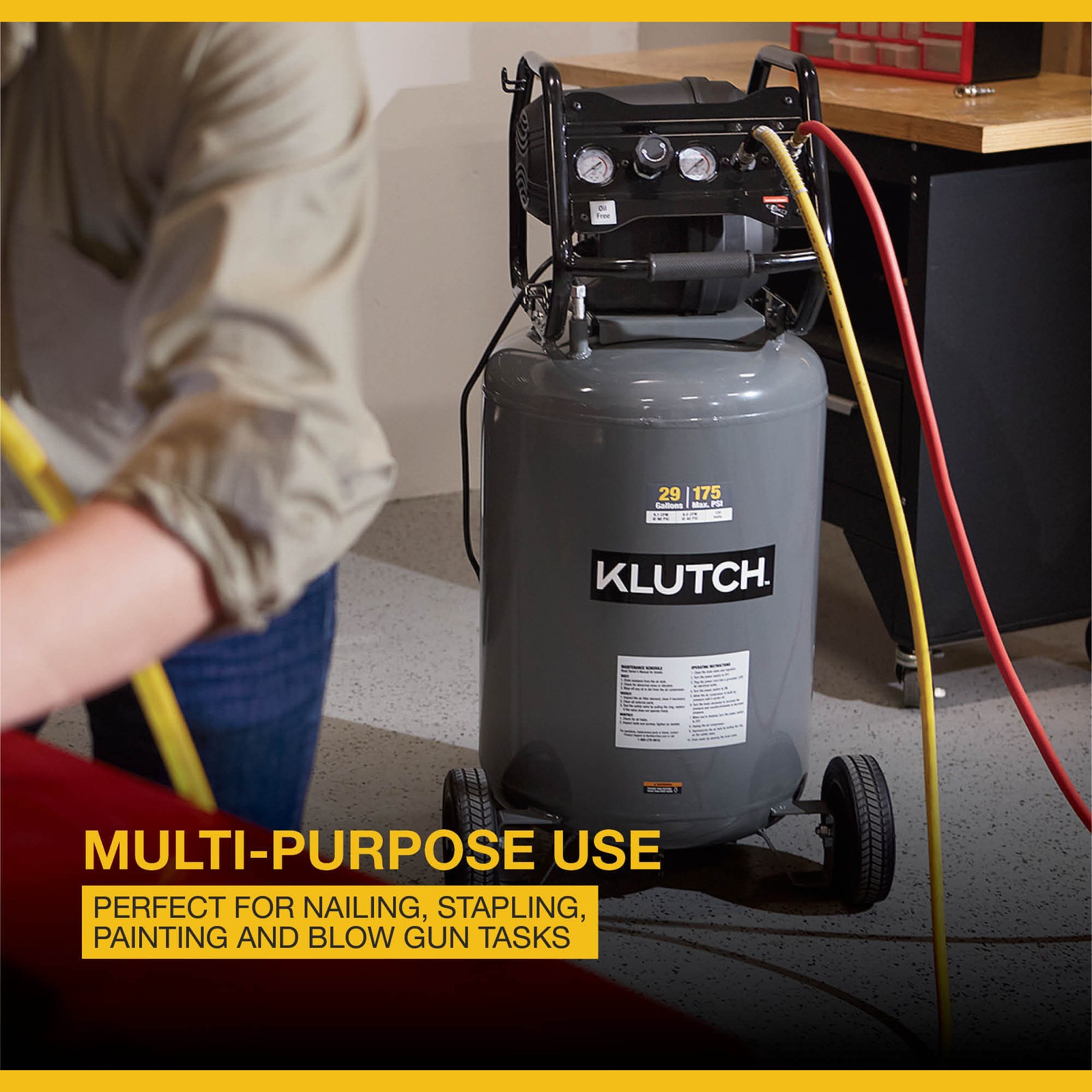 Klutch 29-Gallon Air Compressor, 2.5 HP, 120 Volts, 175 PSI