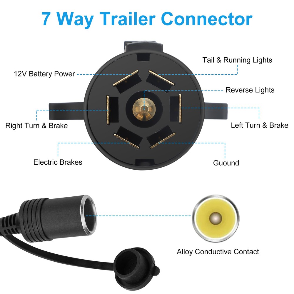 7Pin Trailer Plug to 12V Female Cigarette Lighter Power Socket Cable Adapter 2FT