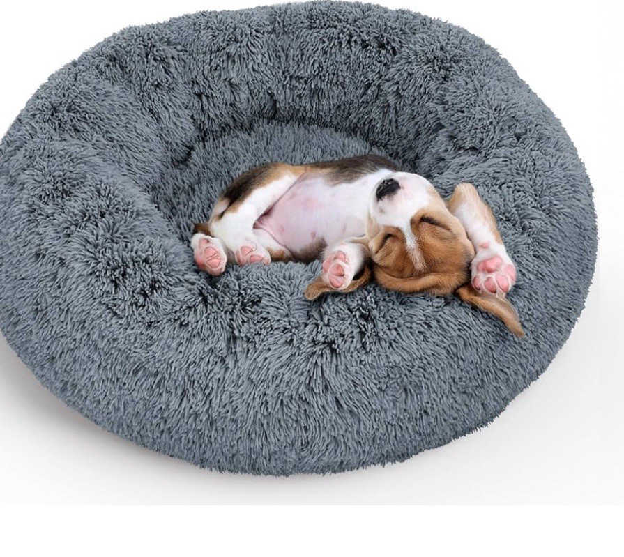 Donut Plush Pet Dog Cat 23" Bed Fluffy Soft Calming Bed Dark Gray